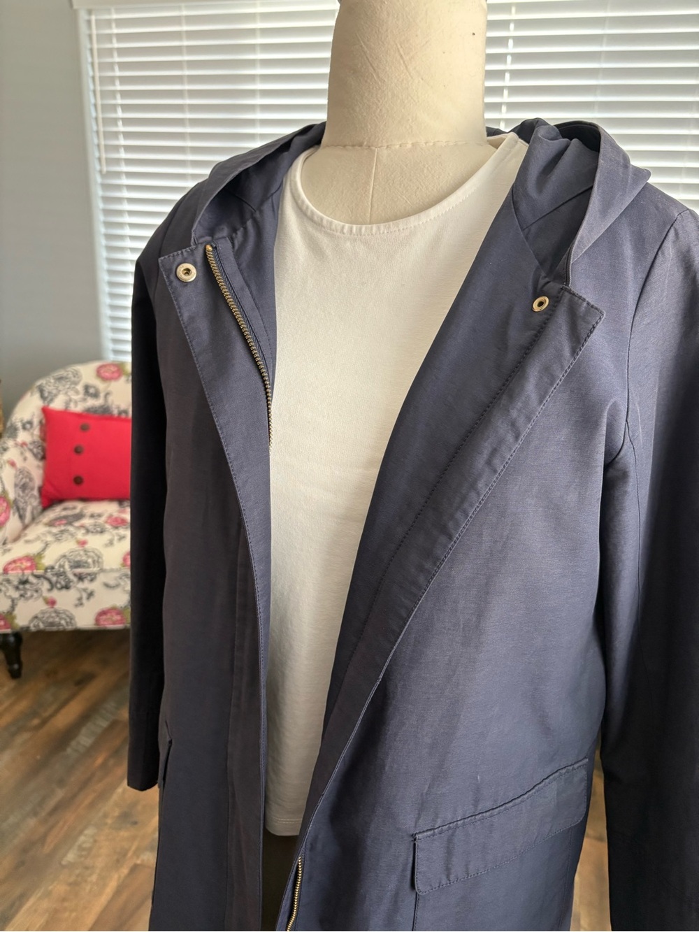 Women's Hooded Trench Coat in Navy - Classic Lightweight Layer